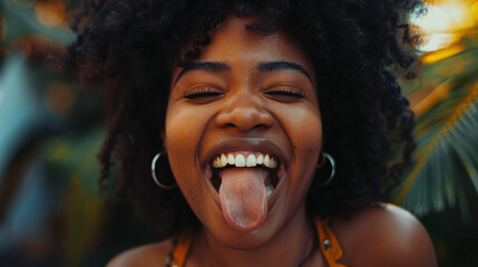 happy black woman sticking tongue out - obrazy, fototapety, plakaty