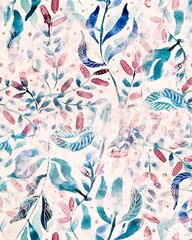 Seamless watercolor pattern with watercolor leaves and flowers on a light background on watercolor texture paper. Suitable for interior, wallpaper, fabrics, clothing, stationery.
