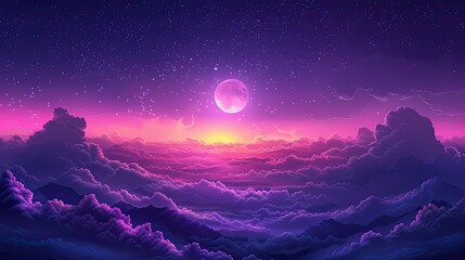 Purple gradient mystical moonlight sky with clouds and stars