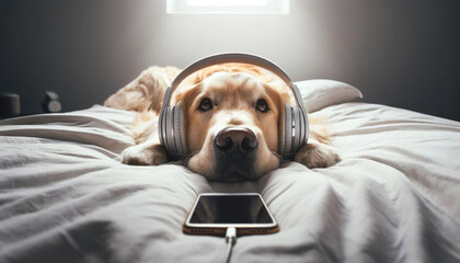 A cozy golden retriever enjoys music in bed with headphones, accompanied by a smartphone