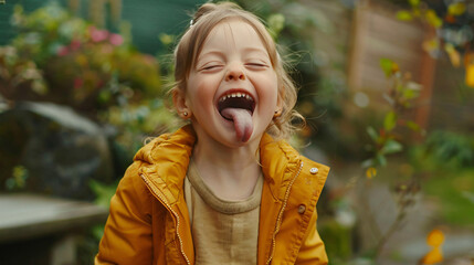happy girl sticking tongue out - obrazy, fototapety, plakaty