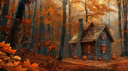 Raamstickers A small house with a chimney sits in a forest of trees. The leaves are orange and the sky is blue generative ai © MdAwlad