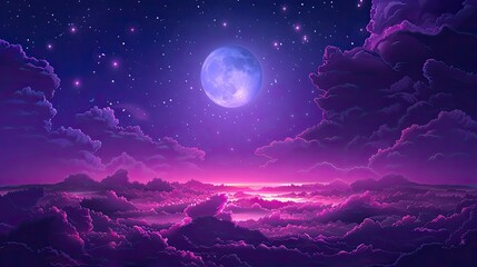 Naklejka na ściany i meble Purple gradient mystical moonlight sky with clouds and stars
