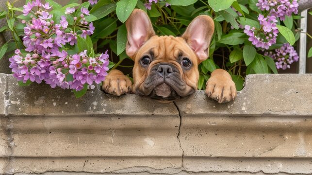 a close up of a dog sticking its head out of a window sill with purple flowers in the background.