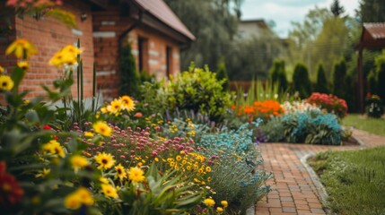 Fototapeta na wymiar Blooming flowerbeds on farm house backyard. Background concept