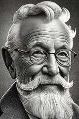 Close up portrait of an old man with gray hair and a gray beard wearing glasses in black and white.