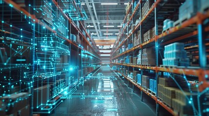 Futuristic Technology Retail Warehouse: Digitalization and Visualization of Industry 4.0 Process that Analyzes Goods, Ai generated high quality image ,4k