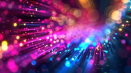 Neon lights blur into a glow, overlaying colors in a disco-like illumination, creating a soft ultraviolet radiance on a dark, abstract space
