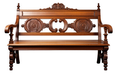 A wooden bench adorned with intricate carvings on the back, showcasing skilled craftsmanship