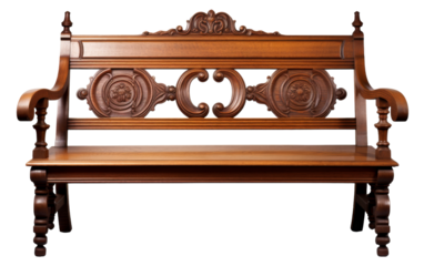 A wooden bench adorned with intricate carvings on the back, showcasing skilled craftsmanship