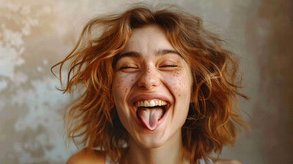 happy woman sticking tongue out - obrazy, fototapety, plakaty