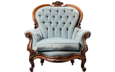 A vibrant blue chair with a wooden frame sits elegantly in a sunlit room