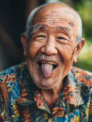happy old asian grandpa sticking tongue out - obrazy, fototapety, plakaty