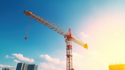 Crane and building construction site against blue sky, AI-generated