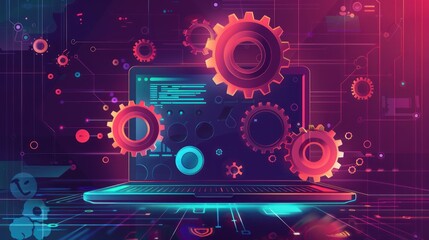Laptop with gears. Colorful modern illustration