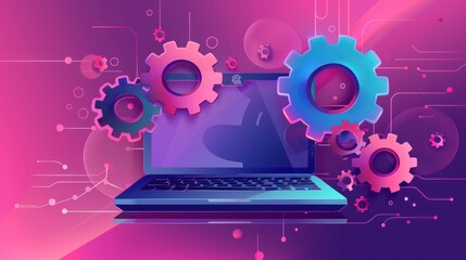 Laptop with gears. Colorful modern illustration