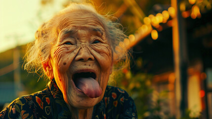 happy old asian grandma sticking tongue out - obrazy, fototapety, plakaty