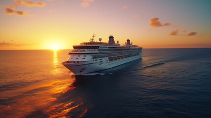 Luxury cruise ship sailing to port on sunrise, Cruise At Sunset In Ocean.