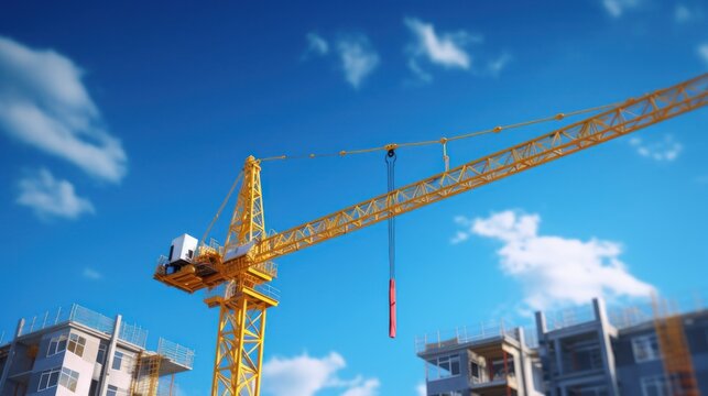 Crane and building construction site against blue sky, AI-generated
