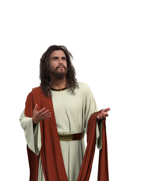 Isolated 3D render of Jesus Christ looking to heaven with hands held out in front of him.