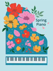 Artistic Spring poster with blue piano leaves, flowers and text, on a light blue  background. Modern geometric style. For music magazines  banners  banners  invitation cards © Olga