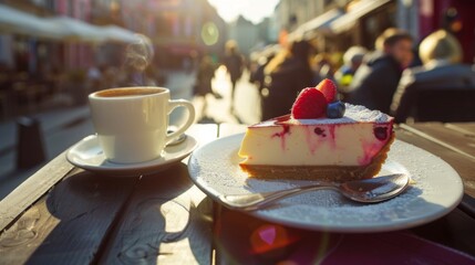 Cheesecake dessert and cup of coffee on table in street cafe. Background concept
