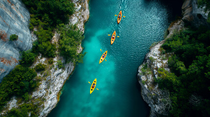 Aerial View of Kayakers Paddling Along a Beautiful Mountain River. Generative AI. - 772560189