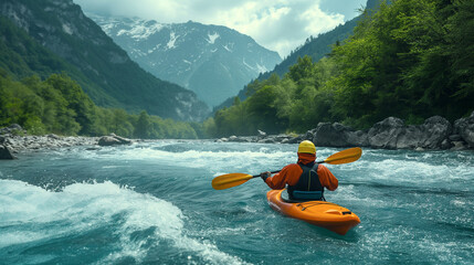 Kayaker Paddling The Rapids of A Beautiful Mountain River. Generative AI. - 772560300