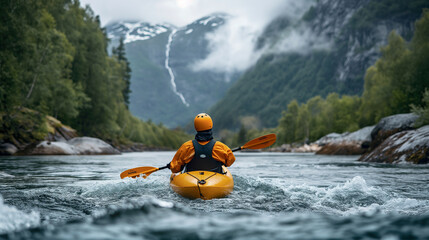 Kayaker Paddling The Rapids of A Beautiful Mountain River. Generative AI. - 772560314