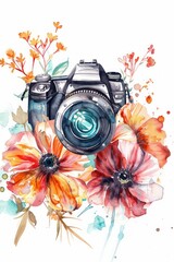 Camera in the presence of flowers. Watercolor illustration isolated on white background