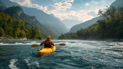 Kayaker Paddling The Rapids of A Beautiful Mountain River. Generative AI. - 772560348