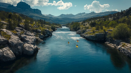 Aerial View of Kayakers Paddling Along a Beautiful Mountain River. Generative AI. - 772560366