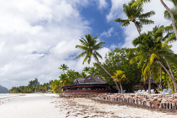 Coastal landscape with beach bar under coconut palm trees. Cote D'Or Beach