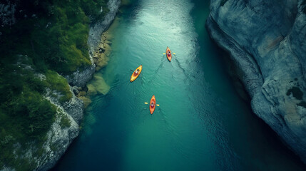 Aerial View of Kayakers Paddling Along a Beautiful Mountain River. Generative AI. - 772560544
