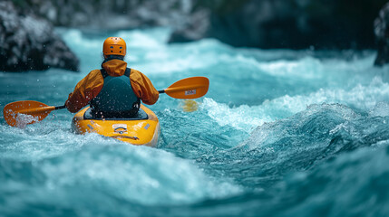 Kayaker Paddling The Rapids of A Beautiful Mountain River. Generative AI. - 772560565