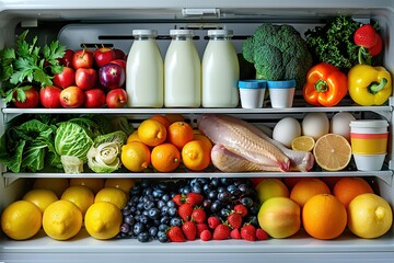 A full refrigerator with colorful fruits and vegetables, milk bottles, and eggs on the shelves.