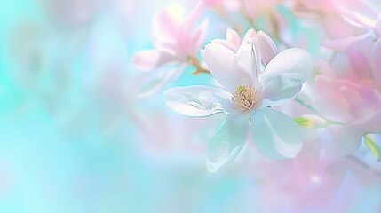 a close up of a pink flower on a blue and green background with a blurry image in the background.