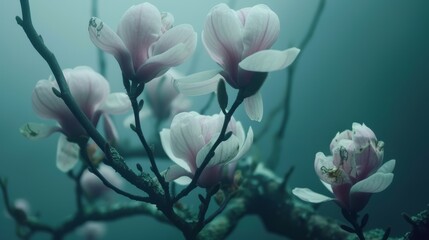a close up of a flower on a tree branch with water in the backgrounnd of the picture.