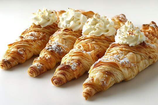 A realistic photo of an elongated cone-shaped roll with cream cheese filling, isolated on a white background