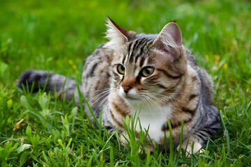 Naklejka na ściany i meble Adorable cat enjoys a leisurely moment on the lush grass