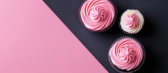 Cup Cake pink butter cream on black and pink background. Top view, flat lay with copy space for add text. - obrazy, fototapety, plakaty