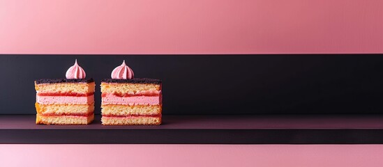 A double cakes on black and pink background with copy space for add text.