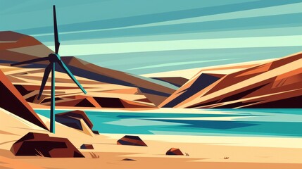 Fototapeta premium a painting of a wind turbine on a beach next to a body of water with a mountain range in the background.