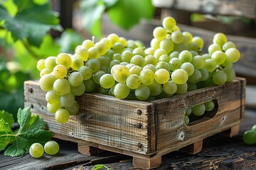 A wooden crate of green grapes, with lush grape leaves in the background