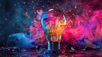 Creative light bulb explodes with colorful paint and splashes - obrazy, fototapety, plakaty