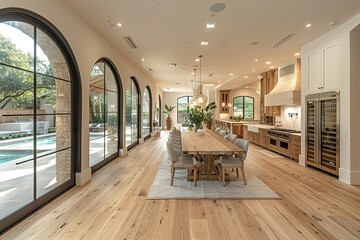 White dining room with light wood floors and arched doorways leading to the kitchen - obrazy, fototapety, plakaty