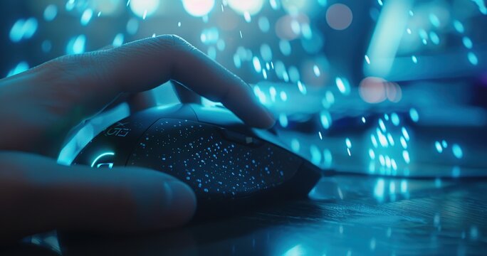 A closeup of the hand holding a mouse and keyboard with digital numbers on blurred background. Programming background.