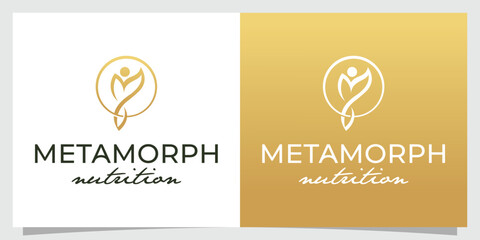 Golden Linear Style Leaf and People Healthy Living Logo template vector icon