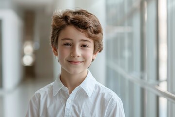 A young boy is smiling and wearing a white shirt