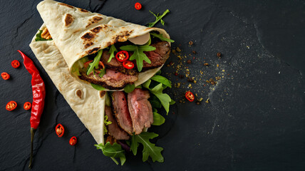Meat Burrito, Tortilla wraps with soft sliced roasted and ribeye steak, cherry tomatoes, red peppers and salad on a dark slate background.